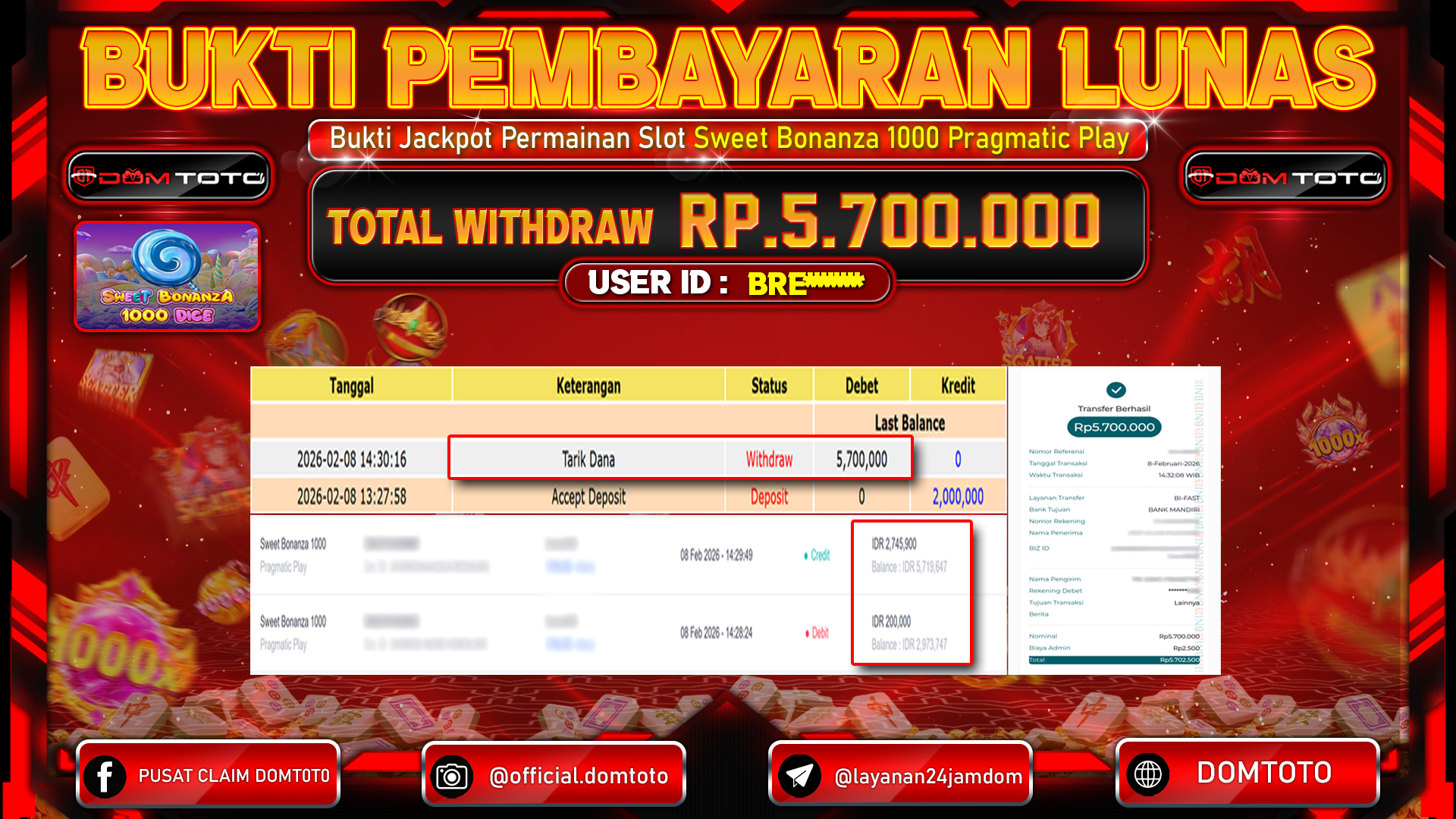 JACKPOT SLOT Sweet Bonanza 1000 Pragmatic Play 08 FEBRUARI 2026